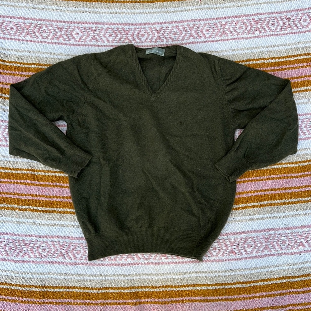 VINTAGE 90S DIOR GREEN CASHMERE V NECK SWEATER